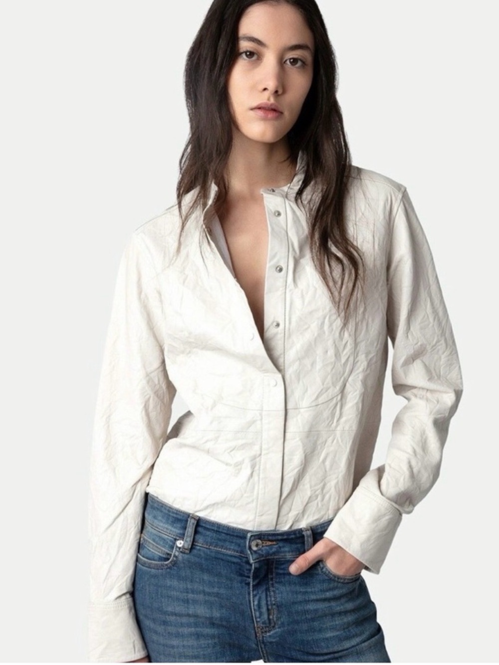 Zadig & Voltaire Crinkle Off-White Button-Down Poplin Shirt. 100% lamb skin